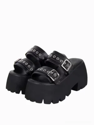 gothic-lolita-platform-sandals-black-pu-leather-metal-buckles-silver-zippers-front-three-quarter-view-chunky-sole