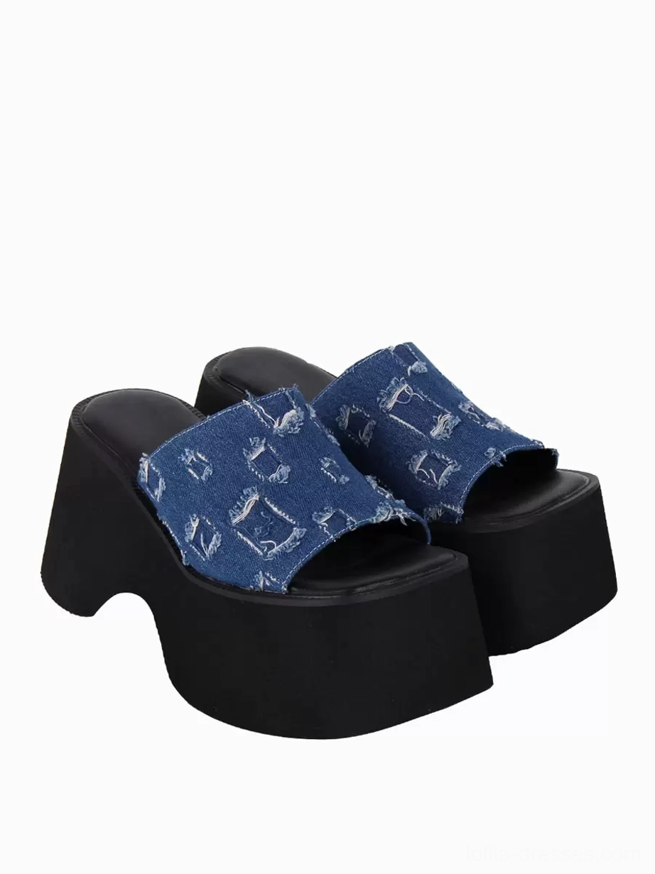 Blue distressed denim Gothic Lolita platform sandals oblique top front view square toe opening slip-on construction thick black platform