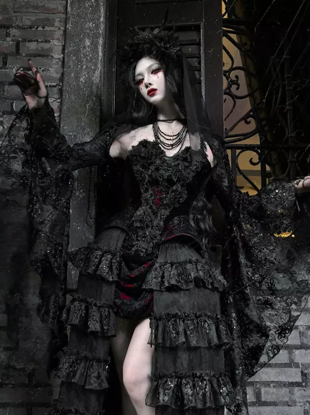 Gothic lolita long sleeves high-low dress with sheer overlay black lace choker side view model