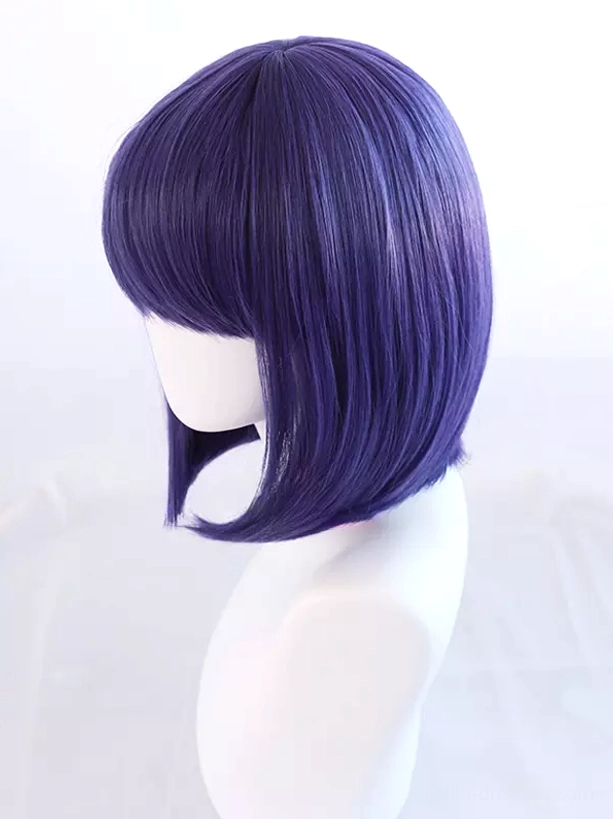 Short bob lolita wig side profile view in dark purple synthetic fiber showing clean silhouette and smooth texture