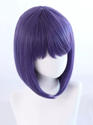 Dark purple heat-resistant synthetic lolita wig direct front view displaying full neat blunt bangs and matte bob hairstyle