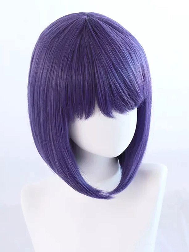 Dark purple heat-resistant synthetic lolita wig direct front view displaying full neat blunt bangs and matte bob hairstyle