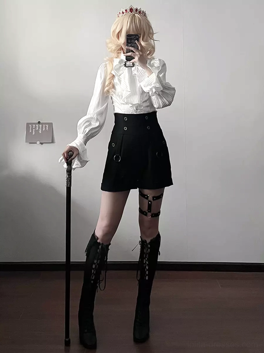 Black Gothic Lolita shorts front view with tiara lace-up knee-high boots garter strap details