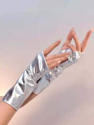 Gothic lolita fingerless gauntlets silver metallic patent leather paired hands front view oversleeves