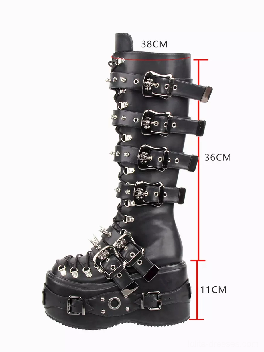 Single black Gothic Lolita platform boot side three-quarter view with metal buckles, spike studs, and size measurement markers for reference