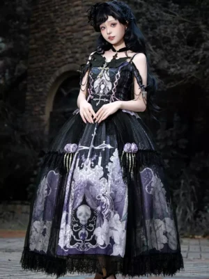 gothic lolita skeleton cross dress set front view black off-shoulder long skirt tulle ruffles lace details