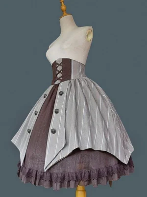 Gothic lolita skirt front-side angle showing asymmetrical hem and decorative button details on striped fabric