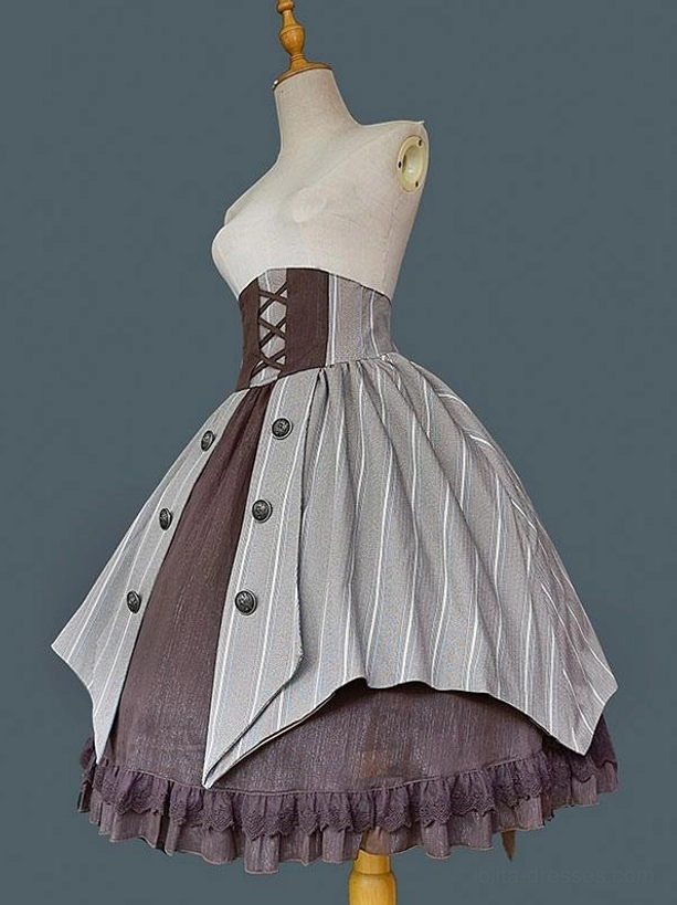 Gothic lolita skirt front-side angle showing asymmetrical hem and decorative button details on striped fabric