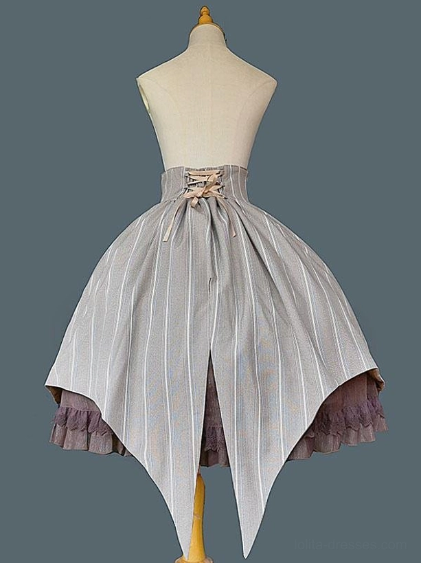 Gothic lolita skirt back view with lace-up corset closure and ruffled hem on mannequin dress form