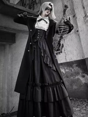 Full body gothic lolita black jacquard ruffled skirt with long coat side view outdoor industrial