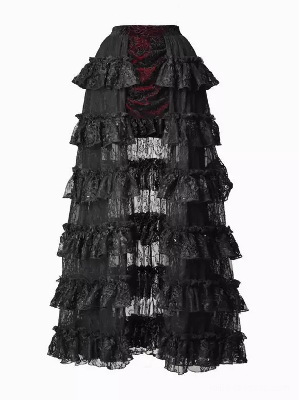 Black and red gothic lolita skirt fabric close-up showing premium polyester quality, ruffled texture details, lace accents, and color contrast of the tiered skirt design