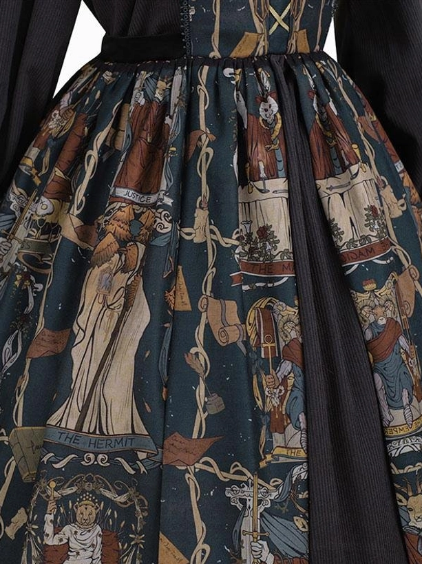 Gothic Lolita skirt lower body close-up detail, displaying intricate tarot tapestry print pattern and high-waist design without model