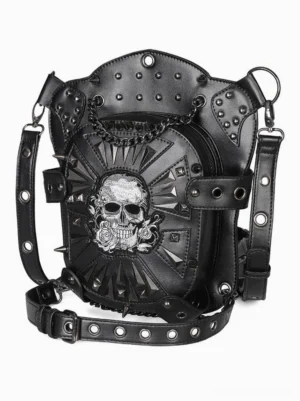 Gothic Lolita skull backpack back view with studded metal eyelet straps and embroidered details