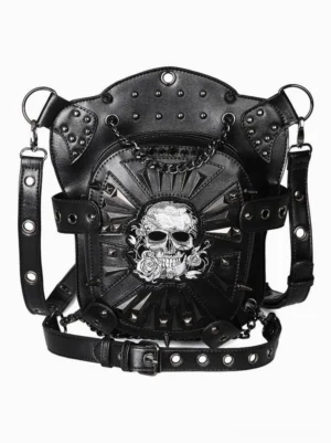 Gothic Lolita black PU leather backpack with silver skull and rose embroidery front overhead view studio