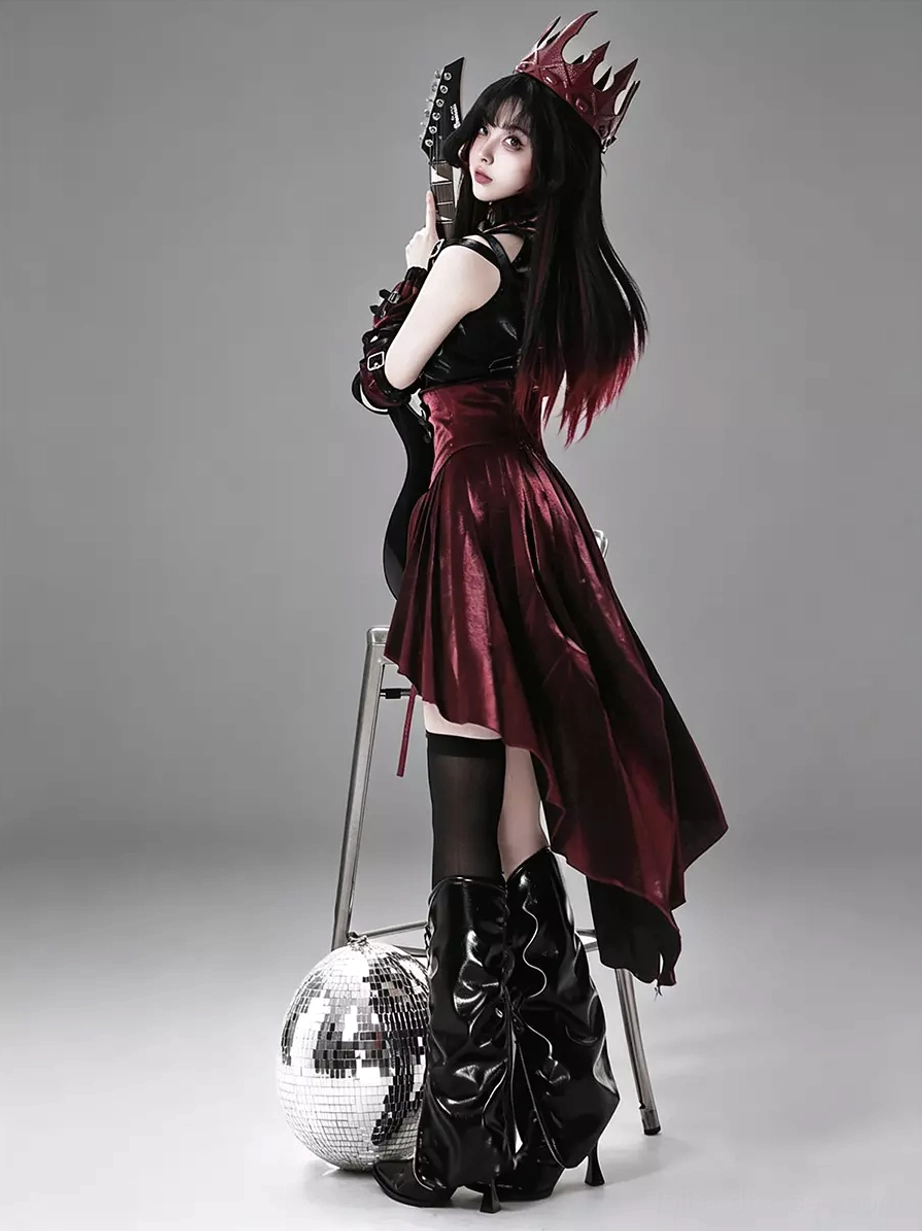 Left side full-body view of gothic lolita sleeveless corset dress with stand collar and thigh-high black stockings