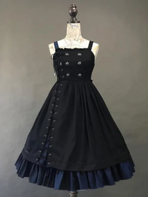 Gothic Lolita dark navy sleeveless jumper skirt front view with navy ruffled hem and contrast shoulder straps