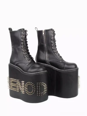 Side three-quarter view of black Gothic Lolita platform boots showcasing functional side zipper, matte PU leather finish, and mid-calf shaft height