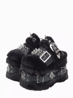 Gothic lolita platform sandals with spike studs and faux fur trim three-quarter side view black metallic corduroy open-toe wedge shoes