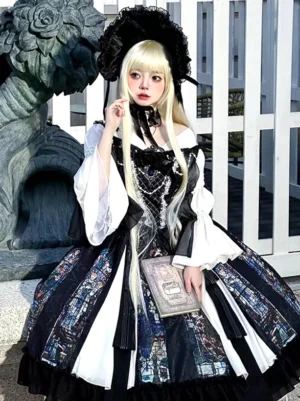 Gothic Lolita black dress with stained glass jacquard print and pearl chain embellishments front view model wearing lace bonnet