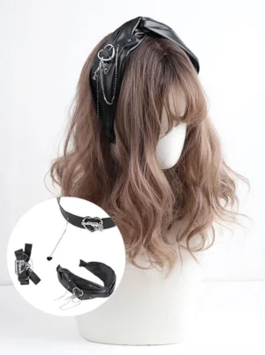 Back view of gothic lolita steampunk headdress showing layered silver metal charms and decorative chain details on mannequin