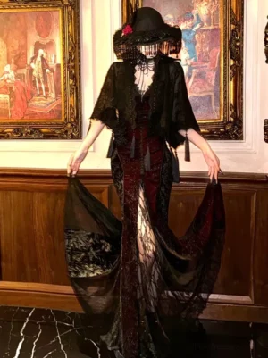 Gothic Lolita strapless dress front thigh-high split two-tone wine red black lace with tassel choker full length view vintage interior