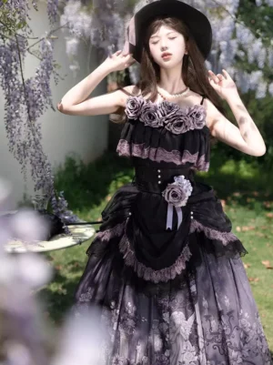 Gothic Lolita strapless ruffle top with corset waist and gradient printed skirt, half-body front shot in outdoor wisteria flower garden