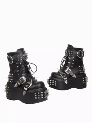 Studded punk platform ankle boots black PU leather side paired display lace-up front metal spike embellishments chunky platform heel