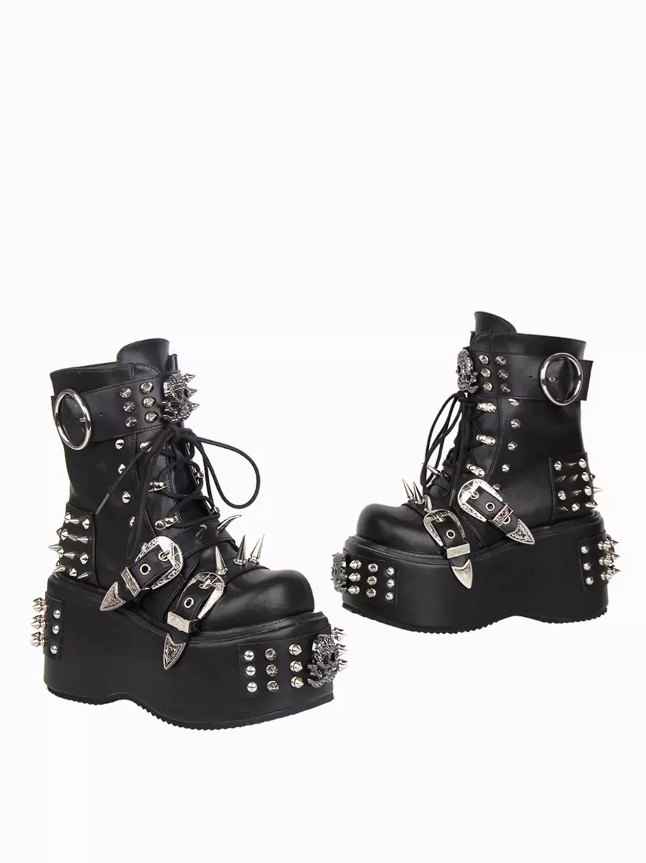Studded punk platform ankle boots black PU leather side paired display lace-up front metal spike embellishments chunky platform heel