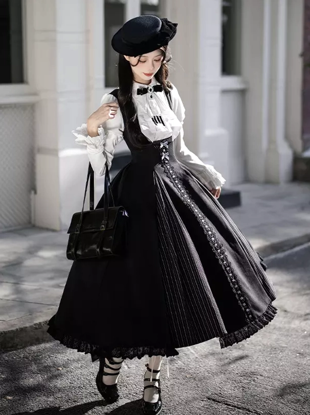 Gothic Lolita black suspender dress outfit with front buttons three-quarter side view beret ruffled white blouse
