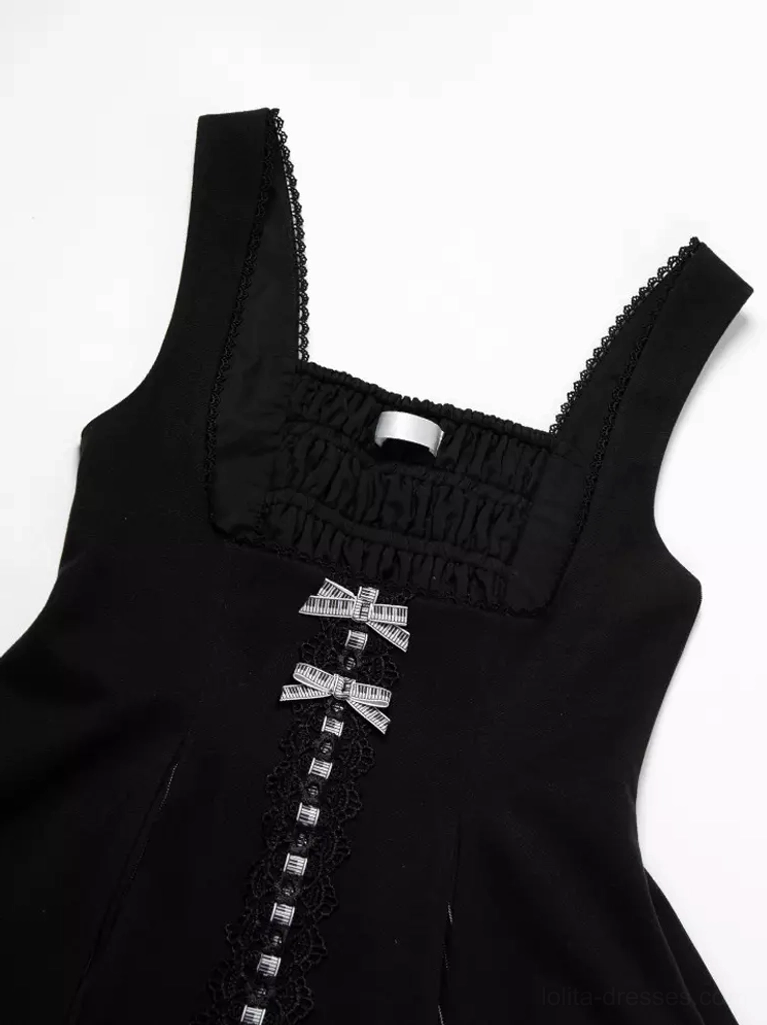 Gothic Lolita suspender skirt close-up square neckline lace trim silver button bow decoration dark background