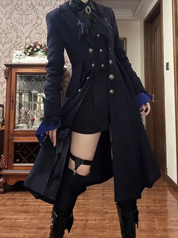 Gothic lolita tailcoat double-breasted button layout flared hem lace neck brooch accessory front right angle