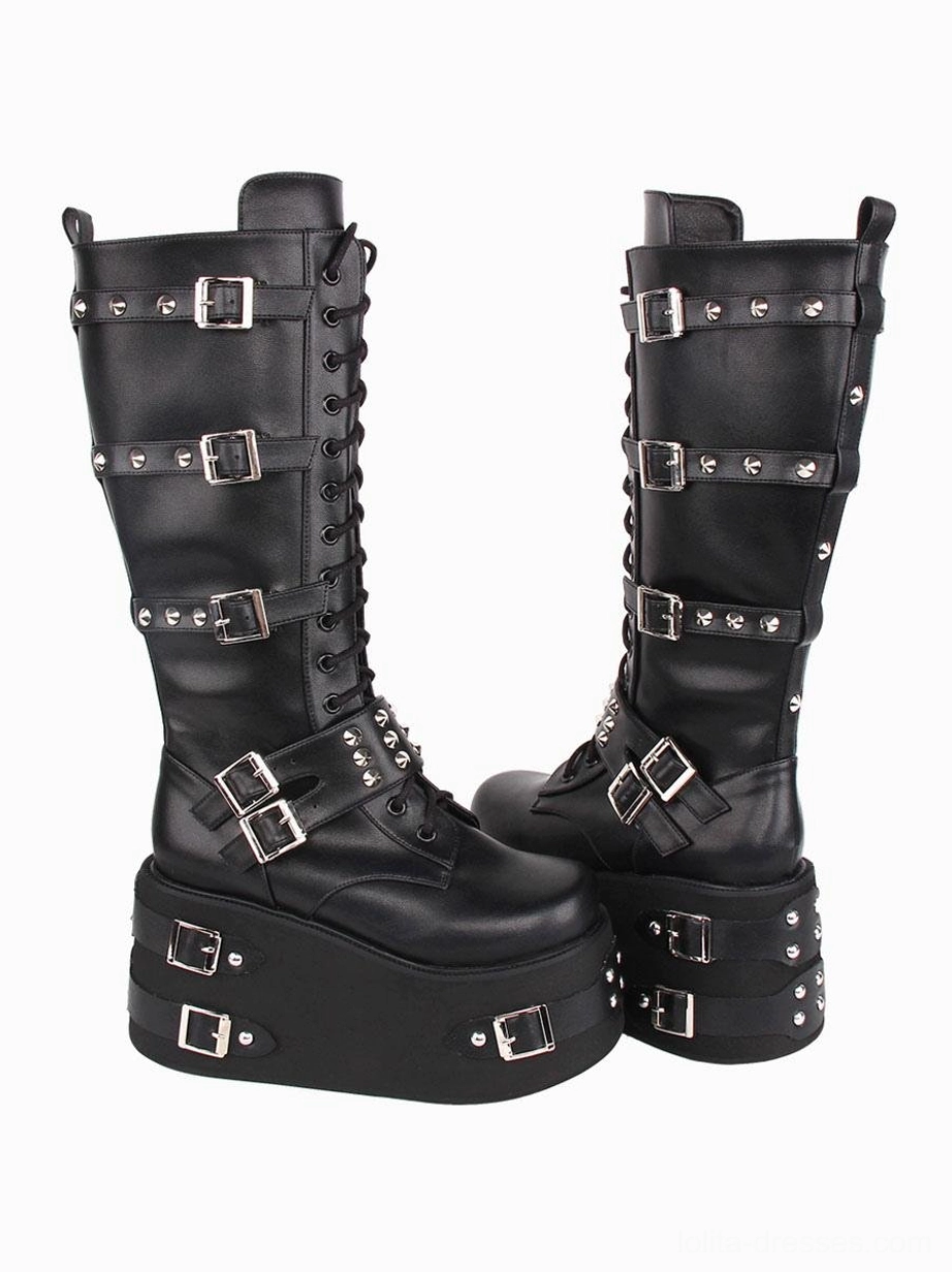 Gothic lolita tall platform boots rear three-quarter side view showing lace-up shaft rear sole hardware wedge heel