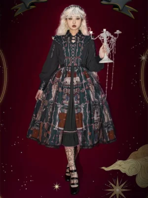 Gothic Lolita dress set on model with platinum blonde hair against starry red background, showing front silhouette with bishop sleeves and tarot print skirt