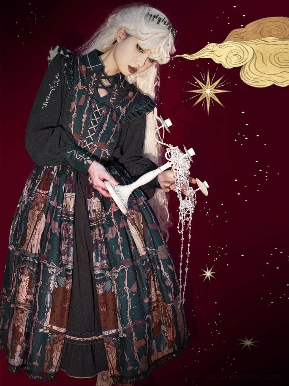 Gothic Lolita tarot dress side profile on white-haired model with candelabra prop, showing full skirt silhouette and dramatic gothic styling