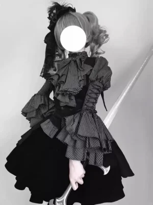 Gothic Lolita 3-piece outfit set rear three-quarter view showing striped ruffled long sleeve blouse, fitted black waistcoat, and tiered layered mini skirt with lace accessories