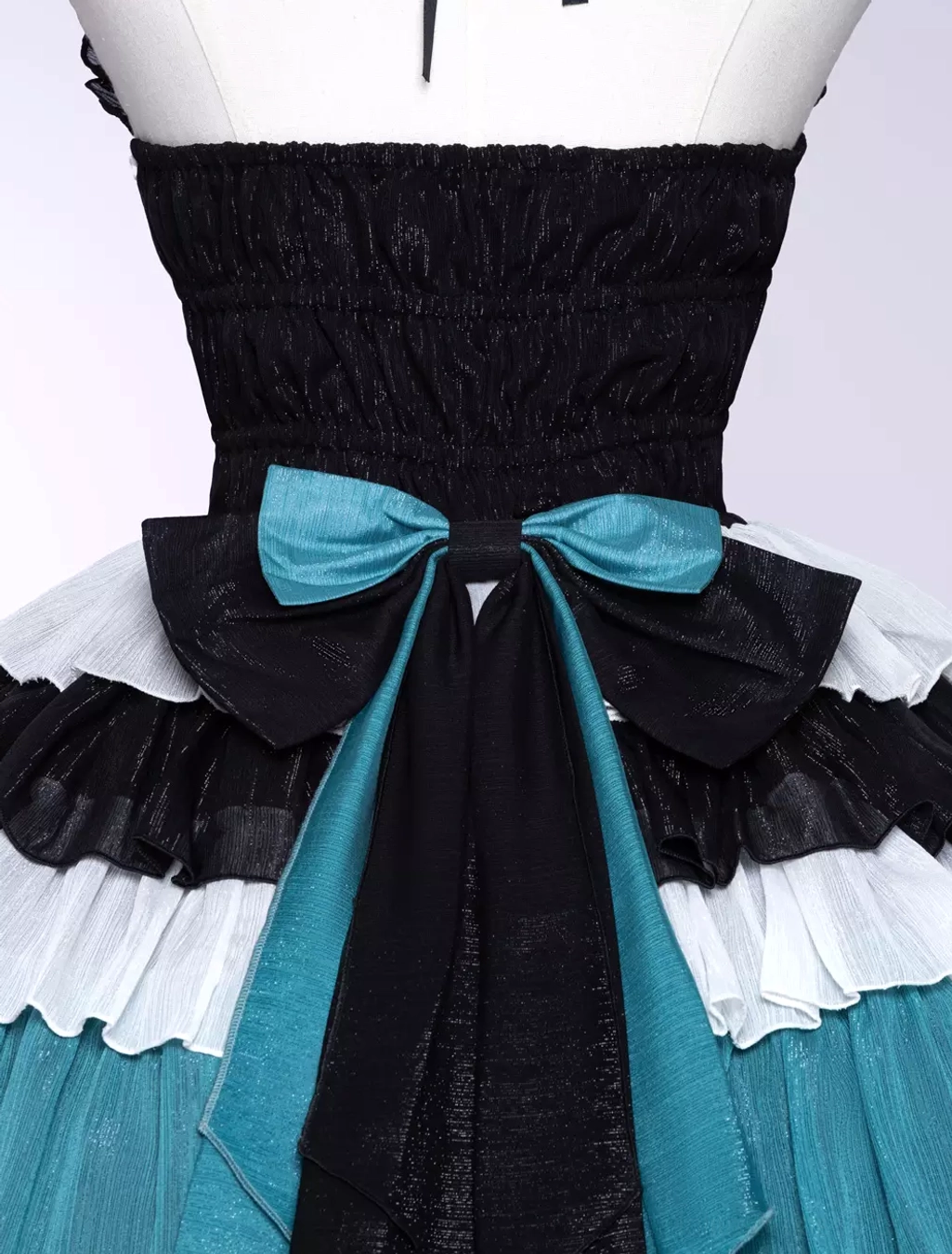 Gothic Lolita tiered ruffle sleeveless JSK dress color-block pattern flat lay product photography