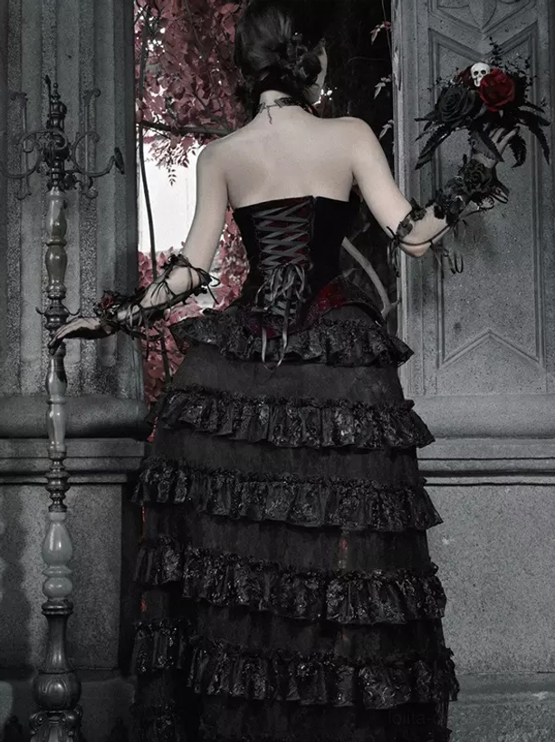 Black and red gothic lolita tiered skirt detail showcase highlighting ruffled layers, dramatic train silhouette, and high-waisted construction with intricate design elements