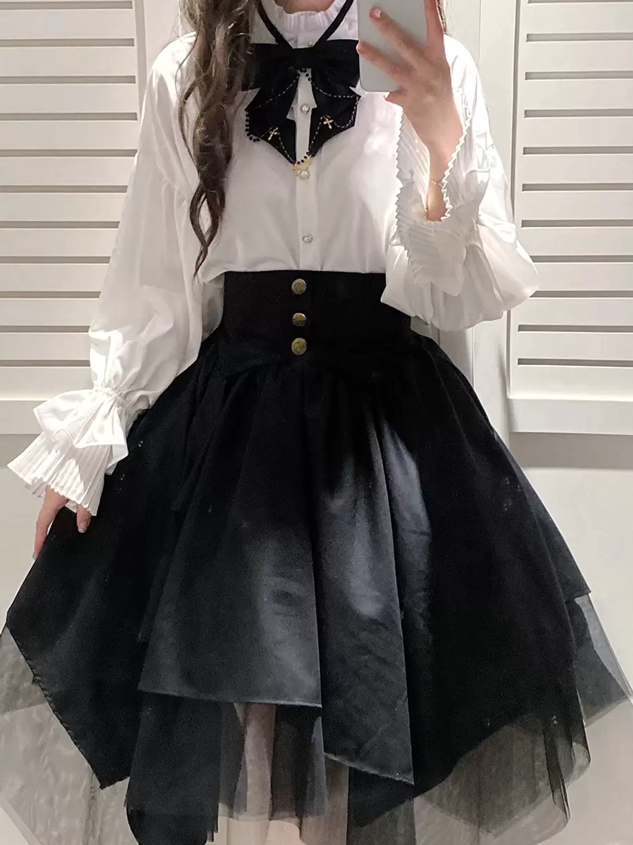 Gothic lolita tiered skirt mirror selfie showing gold buttoned high waist fitted silhouette white ruffled blouse with black bow tie close-up detail