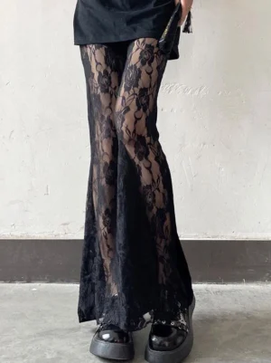 Black lolita flared trousers with romantic lace, three-quarter front view, lace hand fan accessory, full flared hem silhouette