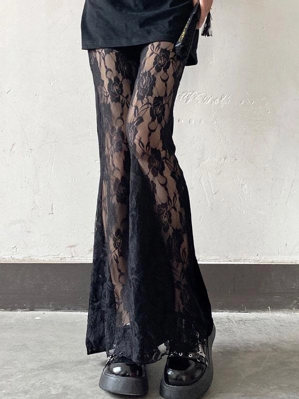 Black lolita flared trousers with romantic lace, three-quarter front view, lace hand fan accessory, full flared hem silhouette