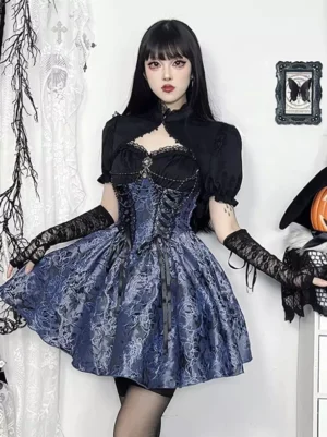 Side front angle of gothic lolita floral dress with black puff sleeve bolero and fishnet gloves