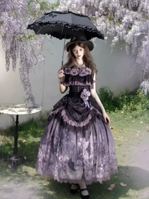 Gothic Lolita two-piece dress full front view with strapless purple floral top and printed long skirt, model wearing black hat and umbrella in outdoor wisteria garden setting