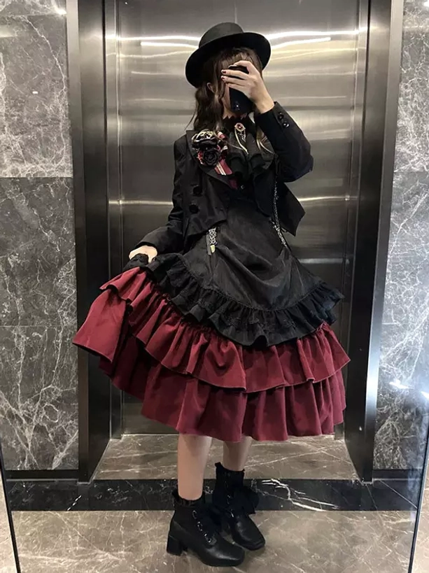 Black burgundy gothic lolita dress two-piece set front pose model with black top hat ankle boots marble wall elevator front