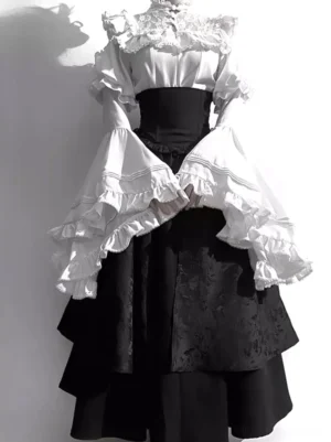 Gothic lolita outfit front full view displaying tiered ruffled collar, oversized lace-trimmed bell sleeves, structured corset waist, and ankle-length layered black skirt