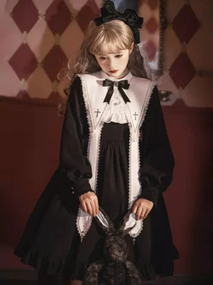 Gothic lolita dress half-body front view featuring round ruffled white collar, black bow tie, lantern sleeves holding dark rabbit plush toy in vintage studio setting
