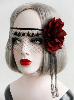 Front view of Gothic Lolita flower veil headdress with wine-red fabric flower, black fishnet veil, beaded forehead trim and lace tassels on mannequin head