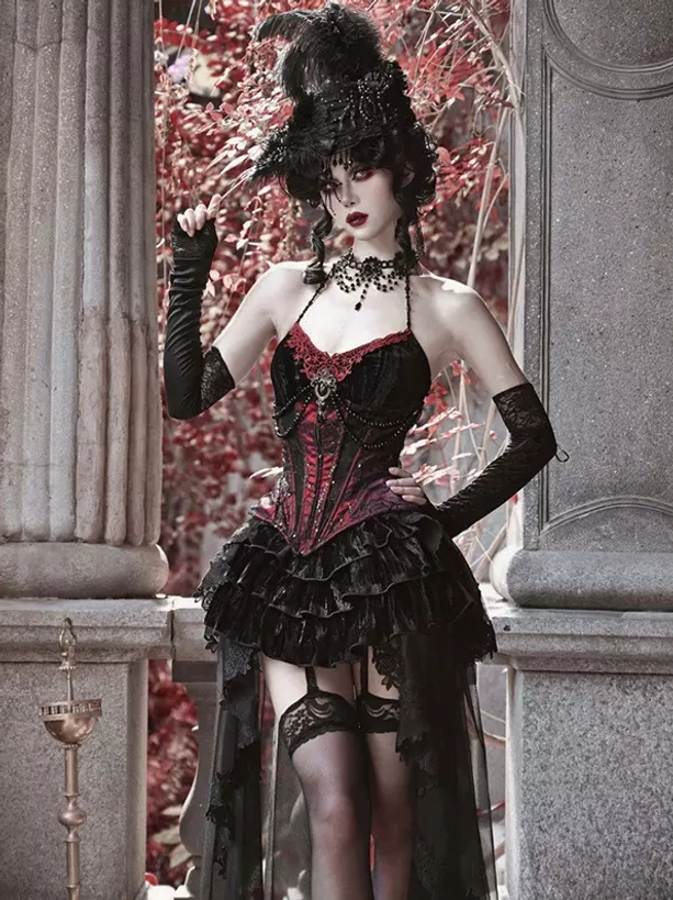 Gothic lolita corset dress set front view full-body standing with ornate feathered headdress formal gothic lolita pose