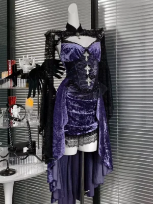 gothic lolita corset dress set side view with stand collar lace shawl feather cuff details fitted bodice