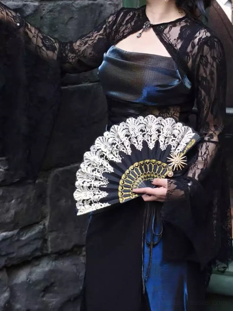 Side view of gothic lolita dress with lace bolero set, model wearing strapless satin top with lace long sleeves, holding vintage fan accessory
