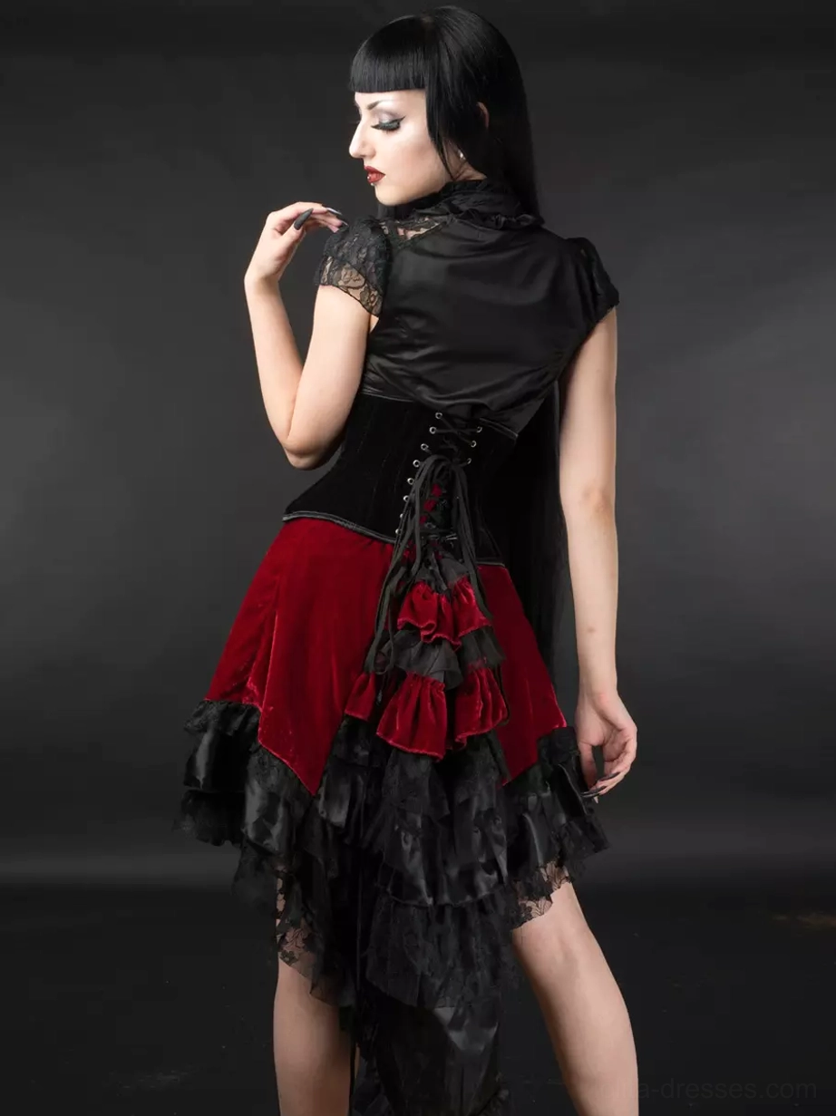Gothic Lolita high-low skirt side back view red velvet black lace ruffled asymmetrical hem corset waist